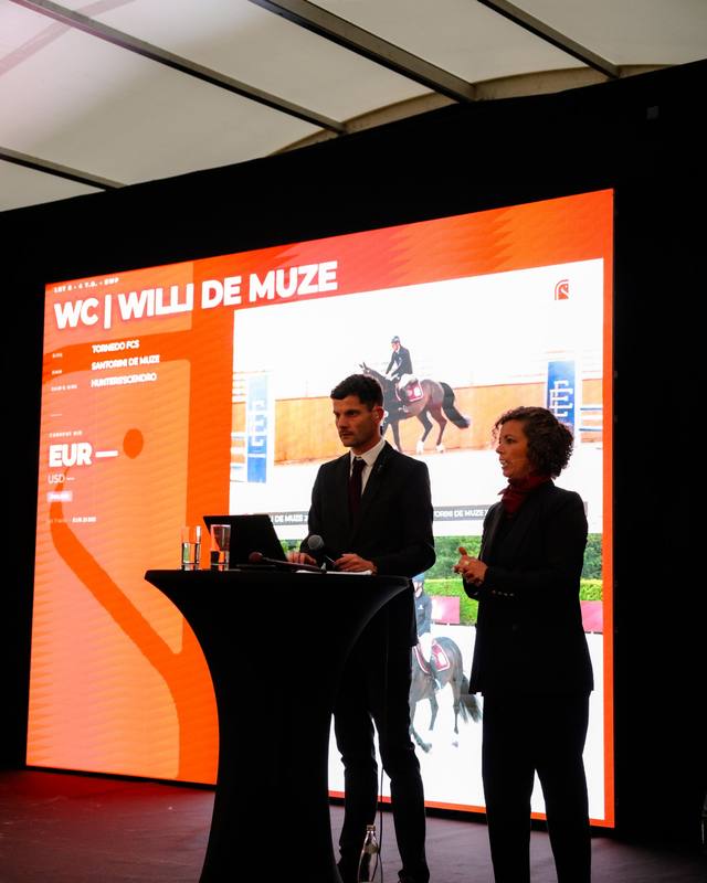 Auctioneers in front of the screen during a horse auction