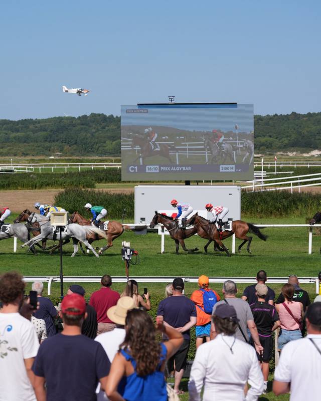 Horse race with spectators in front of the XL screen showing the race
